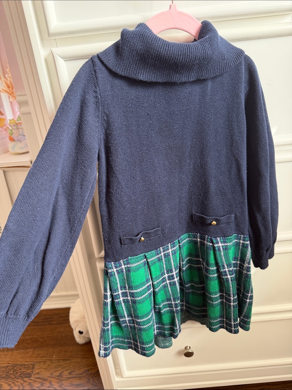 Janie and Jack Navy Sweater Top with Green Plaid Skirt Panel